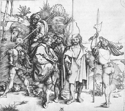 Vijf lansquenets en een oosterling te paard door Albrecht Dürer